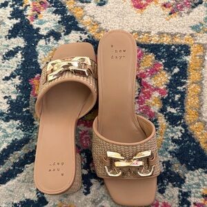 A New Day Tan Woven Sandals with Gold Buckle